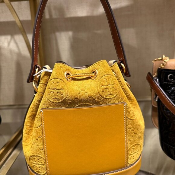 NEW! Tory Burch T-Monogram SUEDE EMBOSSED Bucket -large Claret (Deep Sunflower) - Picture 8 of 15